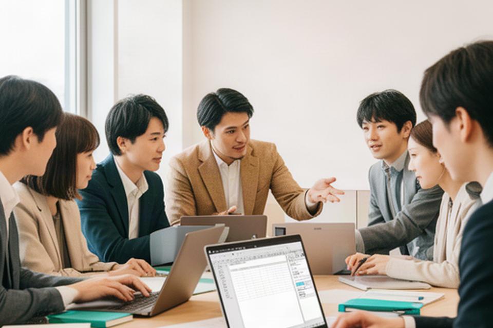 静岡県内の明るい会議室で、講師と中小企業の社員がノートパソコンを使ってExcelの表を確認する研修風景